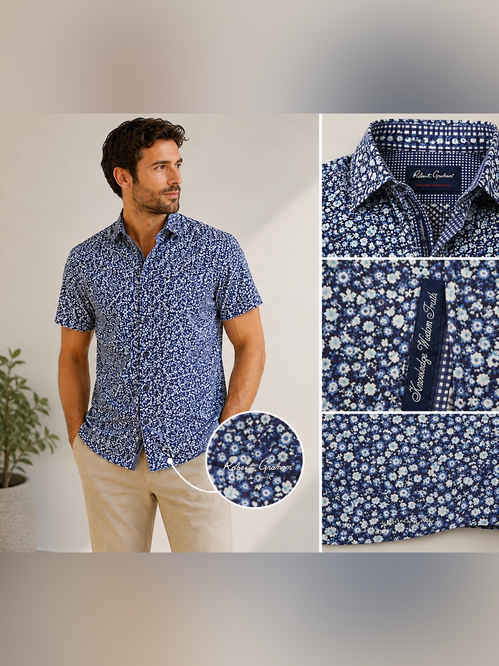 Robert Graham Shirt Mens L Blue Floral Tailored Fit Button Up Short Sleeve